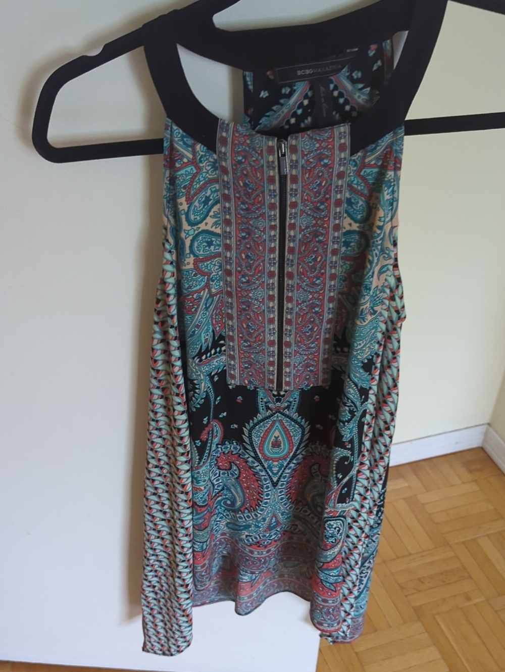 BCBGMAXAZRIA Teal and Coral Paisley Halter Dress